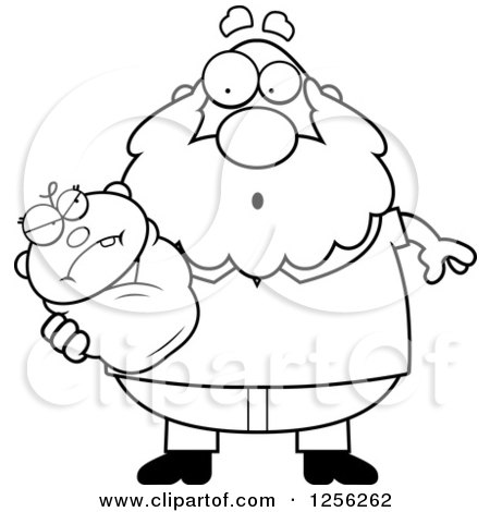 Clipart of a Black and White Surprised Grandpa Holding an Evil Baby - Royalty Free Vector Illustration by Cory Thoman