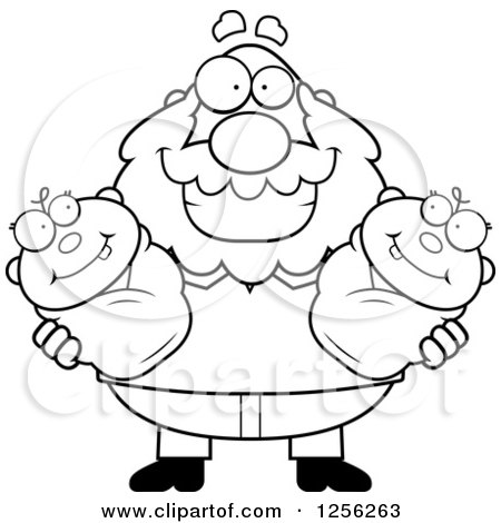 Clipart of a Black and White Happy Grandpa Holding Twin Babies - Royalty Free Vector Illustration by Cory Thoman