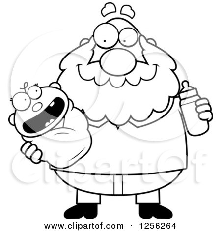 Clipart of a Black and White Happy Grandpa Holding a Baby and Bottle - Royalty Free Vector Illustration by Cory Thoman