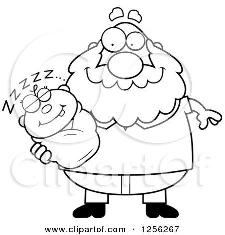 Clipart of a Black and White Happy Grandpa Holding a Sleeping Baby - Royalty Free Vector Illustration by Cory Thoman