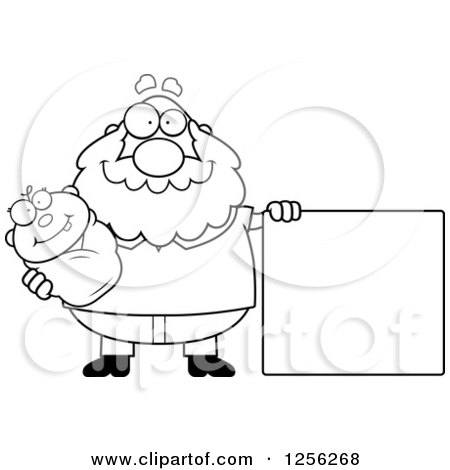 Clipart of a Black and White Happy Grandpa Holding a Baby by a Blank Sign - Royalty Free Vector Illustration by Cory Thoman