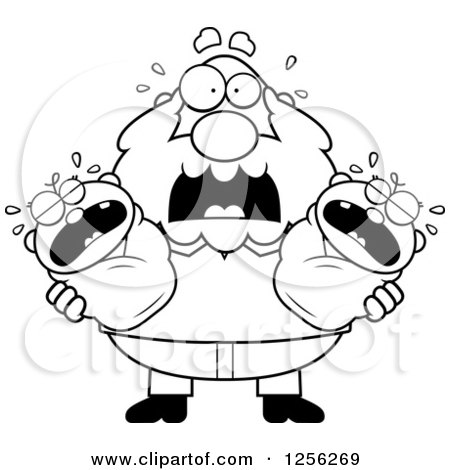 Clipart of a Black and White Stressed Grandpa Holding Screaming Twin Babies - Royalty Free Vector Illustration by Cory Thoman