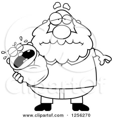 Clipart of a Black and White Tired Grandpa Holding a Screaming Baby - Royalty Free Vector Illustration by Cory Thoman