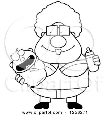 Clipart of a Black and White Happy Granny Holding a Baby and Bottle - Royalty Free Vector Illustration by Cory Thoman