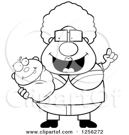 Clipart of a Black and White Happy Granny with an Idea, Holding a Baby - Royalty Free Vector Illustration by Cory Thoman