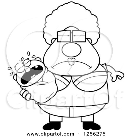Clipart of a Black and White Tired Granny Holding a Crying Baby - Royalty Free Vector Illustration by Cory Thoman