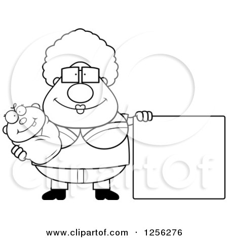 Clipart of a Black and White Happy Granny Holding a Baby by a Blank Sign - Royalty Free Vector Illustration by Cory Thoman