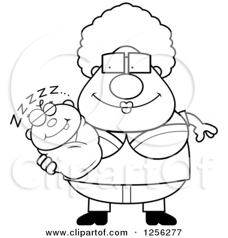 Clipart of a Black and White Happy Granny Holding a Sleeping Baby - Royalty Free Vector Illustration by Cory Thoman