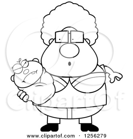 Clipart of a Black and White Surprised Granny Holding an Evil Baby - Royalty Free Vector Illustration by Cory Thoman