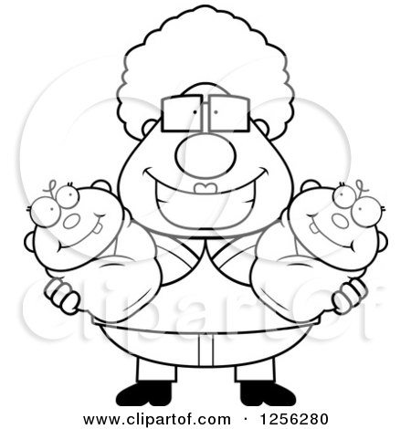 Clipart of a Black and White Happy Granny Holding Twin Babies - Royalty Free Vector Illustration by Cory Thoman