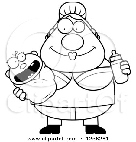 Clipart of a Black and White Happy Mother Holding a Baby and Bottle - Royalty Free Vector Illustration by Cory Thoman
