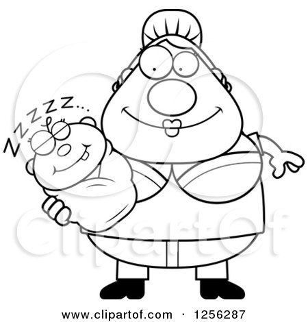 Clipart of a Black and White Happy Mother Holding a Sleeping Baby - Royalty Free Vector Illustration by Cory Thoman