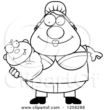 Clipart of a Black and White Happy Mother Holding a Baby - Royalty Free Vector Illustration by Cory Thoman