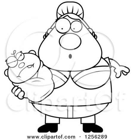 Clipart of a Black and White Surprised Mother Holding an Evil Baby - Royalty Free Vector Illustration by Cory Thoman