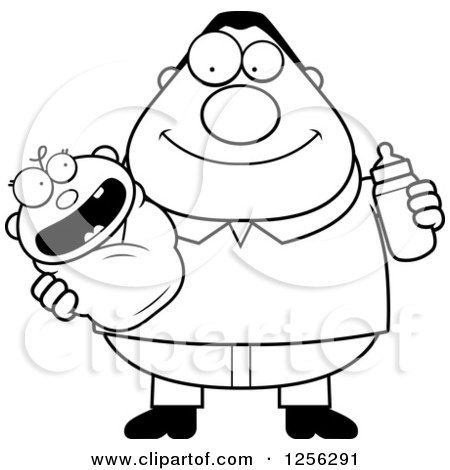 Clipart of a Black and White Happy Father Holding a Baby and Bottle - Royalty Free Vector Illustration by Cory Thoman