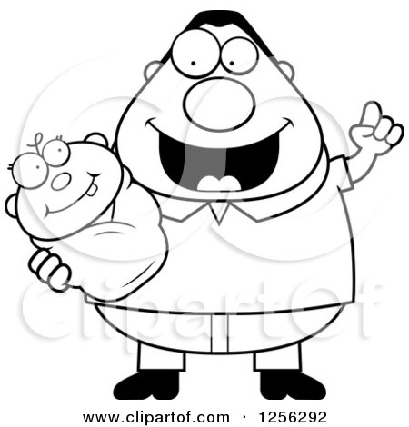 Clipart of a Black and White Happy Father with an Idea, Holding a Baby - Royalty Free Vector Illustration by Cory Thoman