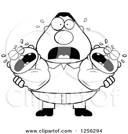 Clipart of a Black and White Stressed Father Holding Twin Babies - Royalty Free Vector Illustration by Cory Thoman