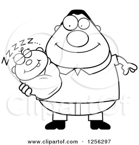 Clipart of a Black and White Happy Father Holding a Sleeping Baby - Royalty Free Vector Illustration by Cory Thoman