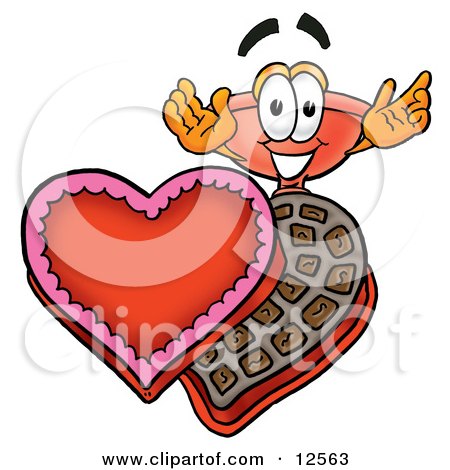 Clipart Picture of a Sink Plunger Mascot Cartoon Character With an Open Box of Valentines Day Chocolate Candies by Mascot Junction