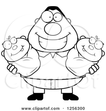 Clipart of a Black and White Happy Father Holding Twin Babies - Royalty Free Vector Illustration by Cory Thoman
