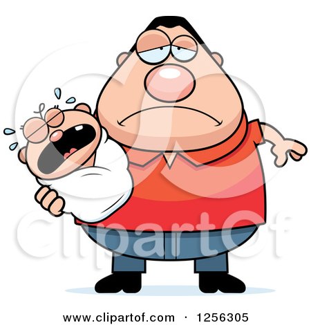 Clipart of a Tired Caucasian Father Holding a Wailing Baby - Royalty Free Vector Illustration by Cory Thoman