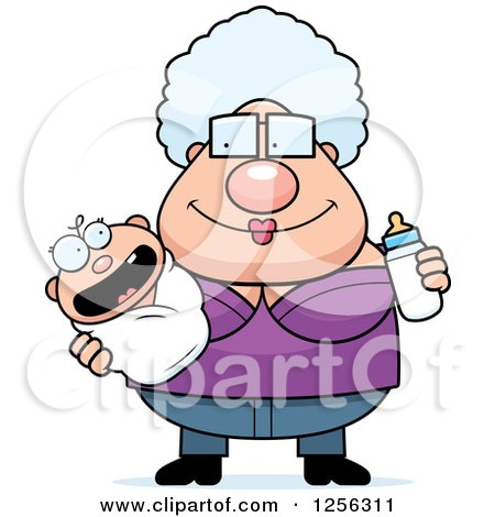 Clipart of a Happy Granny Holding a Baby and Bottle - Royalty Free Vector Illustration by Cory Thoman