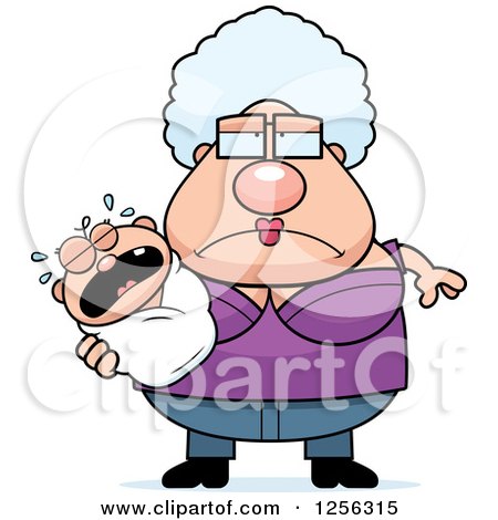 Clipart of a Tired Granny Holding a Crying Baby - Royalty Free Vector Illustration by Cory Thoman