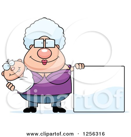 Clipart of a Happy Granny Holding a Baby by a Blank Sign - Royalty Free Vector Illustration by Cory Thoman
