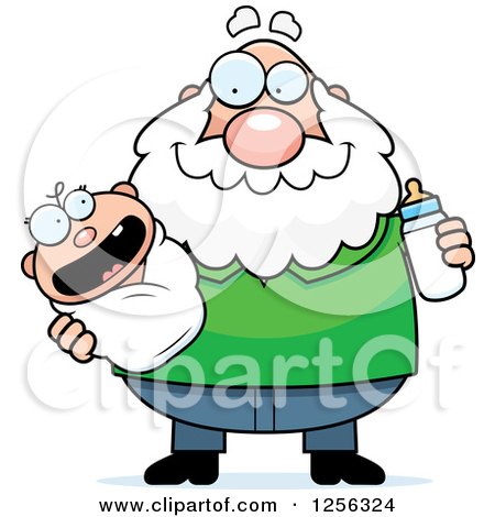 Clipart of a Happy Caucasian Grandpa Holding a Baby and Bottle - Royalty Free Vector Illustration by Cory Thoman
