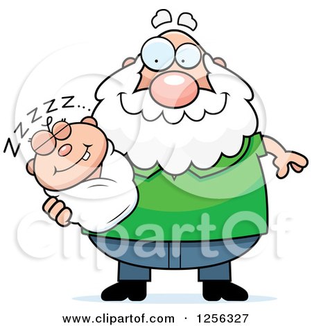 Clipart of a Happy Caucasian Grandpa Holding a Sleeping Baby - Royalty Free Vector Illustration by Cory Thoman