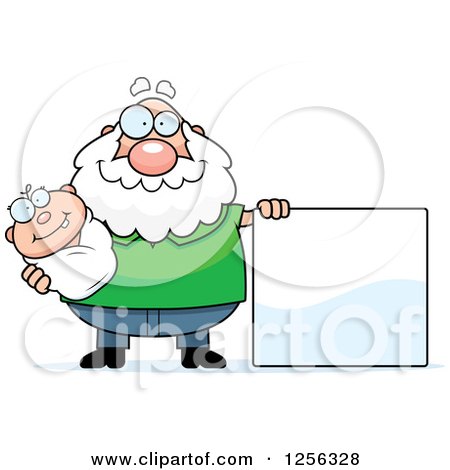 Clipart of a Happy Caucasian Grandpa Holding a Baby by a Blank Sign - Royalty Free Vector Illustration by Cory Thoman