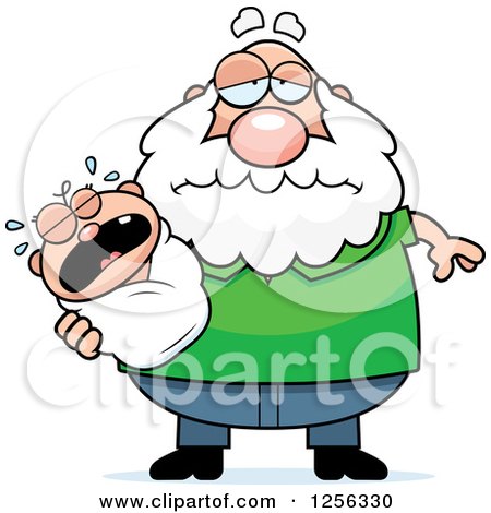 Clipart of a Tired Caucasian Grandpa Holding a Screaming Baby - Royalty Free Vector Illustration by Cory Thoman