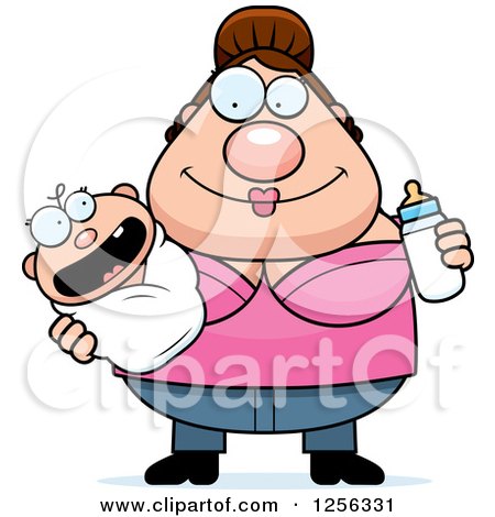 Clipart of a Happy Caucasian Mother Holding a Baby and Bottle - Royalty Free Vector Illustration by Cory Thoman