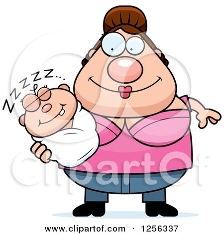 Clipart of a Happy Caucasian Mother Holding a Sleeping Baby - Royalty Free Vector Illustration by Cory Thoman