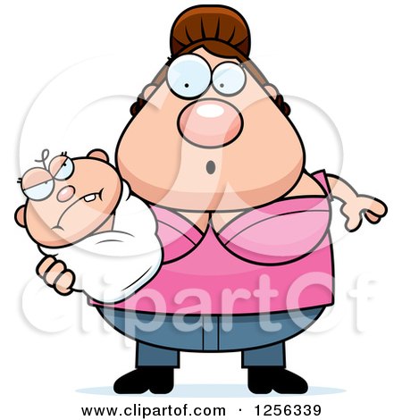 Clipart of a Surprised Caucasian Mother Holding an Evil Baby - Royalty Free Vector Illustration by Cory Thoman