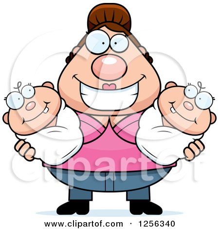Clipart of a Happy Caucasian Mother Holding Twin Babies - Royalty Free Vector Illustration by Cory Thoman