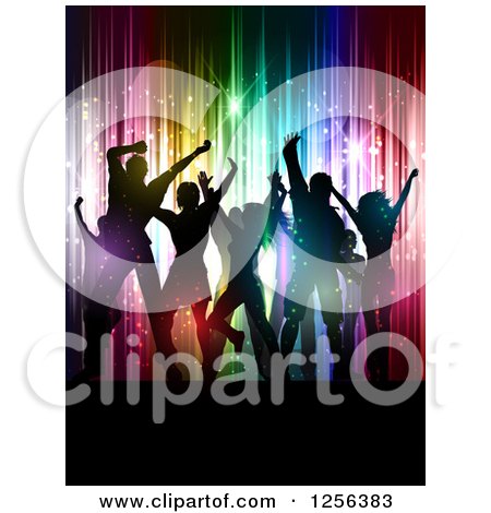 Clipart of a Crowd Dancing at a Party over Colorful Vertical Lights and Flares - Royalty Free Vector Illustration by KJ Pargeter