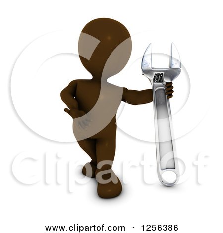 Clipart of a 3d Brown Man Presenting a Giant Adjustable Wrench - Royalty Free Vector Illustration by KJ Pargeter