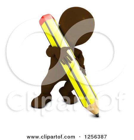 Clipart of a 3d Brown Man Writing or Drawing with a Giant Pencil - Royalty Free Vector Illustration by KJ Pargeter