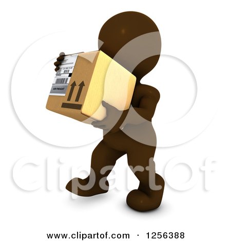 Clipart of a 3d Brown Man Carrying a Box - Royalty Free Vector Illustration by KJ Pargeter