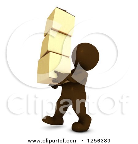 Clipart of a 3d Brown Man Carrying Boxes - Royalty Free Vector Illustration by KJ Pargeter
