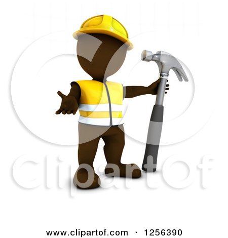 Clipart of a 3d Brown Man Worker Presenting with a Hammer - Royalty Free Vector Illustration by KJ Pargeter