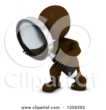 Clipart of a 3d Brown Man Using a Magnifying Glass - Royalty Free Vector Illustration by KJ Pargeter
