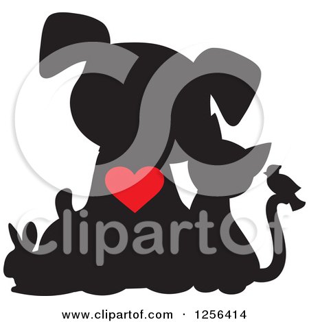 Clipart of a Silhouetted Dog Cat Bird and Rabbit with a Red Heart - Royalty Free Vector Illustration by Maria Bell