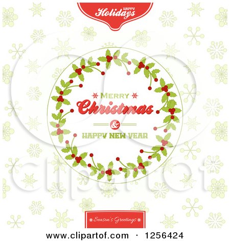 Clipart of a Round Merry Christmas and Happy New Year Holly Wreath over Snowflakes - Royalty Free Vector Illustration by elaineitalia