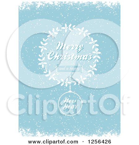 Clipart of a Blue Merry Christmas and a Happy New Year Holly and Bauble Snow Background - Royalty Free Vector Illustration by elaineitalia
