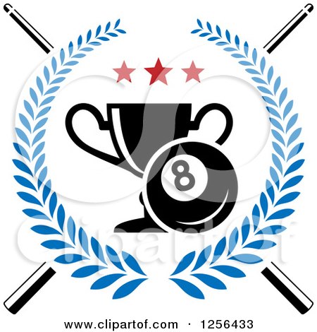 Clipart of a Trophy and Eightball with Crossed Cue Sticks in a Wreath - Royalty Free Vector Illustration by Vector Tradition SM