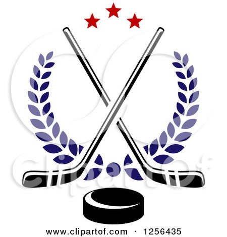 Clipart of Crossed Ice Hockey Sticks and a Puck with Stars and Laurels - Royalty Free Vector Illustration by Vector Tradition SM