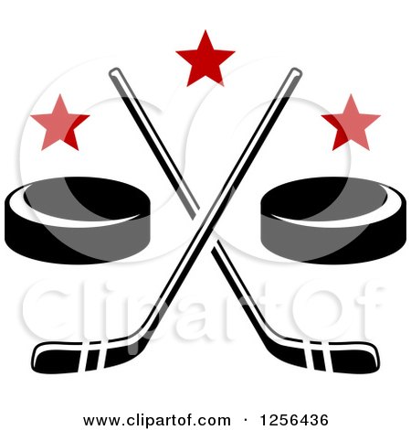 Clipart of Crossed Ice Hockey Sticks and Pucks with Stars - Royalty Free Vector Illustration by Vector Tradition SM