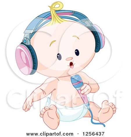 Clipart of a Caucasian Baby Singing into a Microphone and Wearing Headphones - Royalty Free Vector Illustration by Pushkin